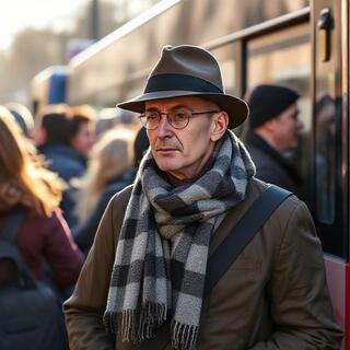Bus queue with trilby and flannel