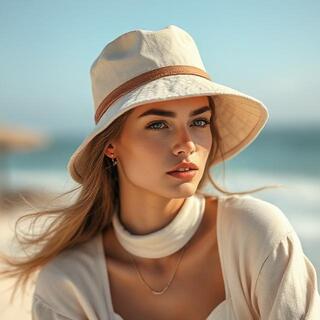 Bucket hat and viscose scarf near the coast