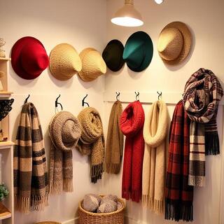 Studio corner with hats and scarf swatches